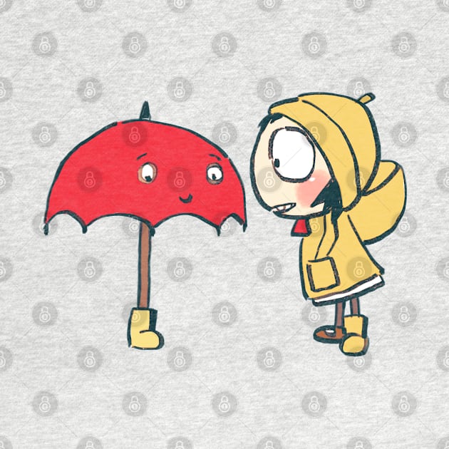 sarah sharing her boots with red umbrella / sarah and duck by mudwizard